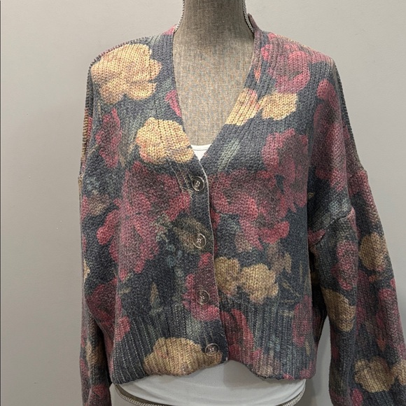 Zara Floral Knit Cardigan L Grey Pink Oversized Button Front - Picture 4 of 14